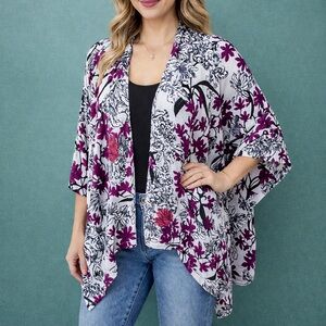 100% CASHMERE NEIMAN MARCUS PURPLE FLORAL RARE PONCHO CARDIGAN SWEATER O/S